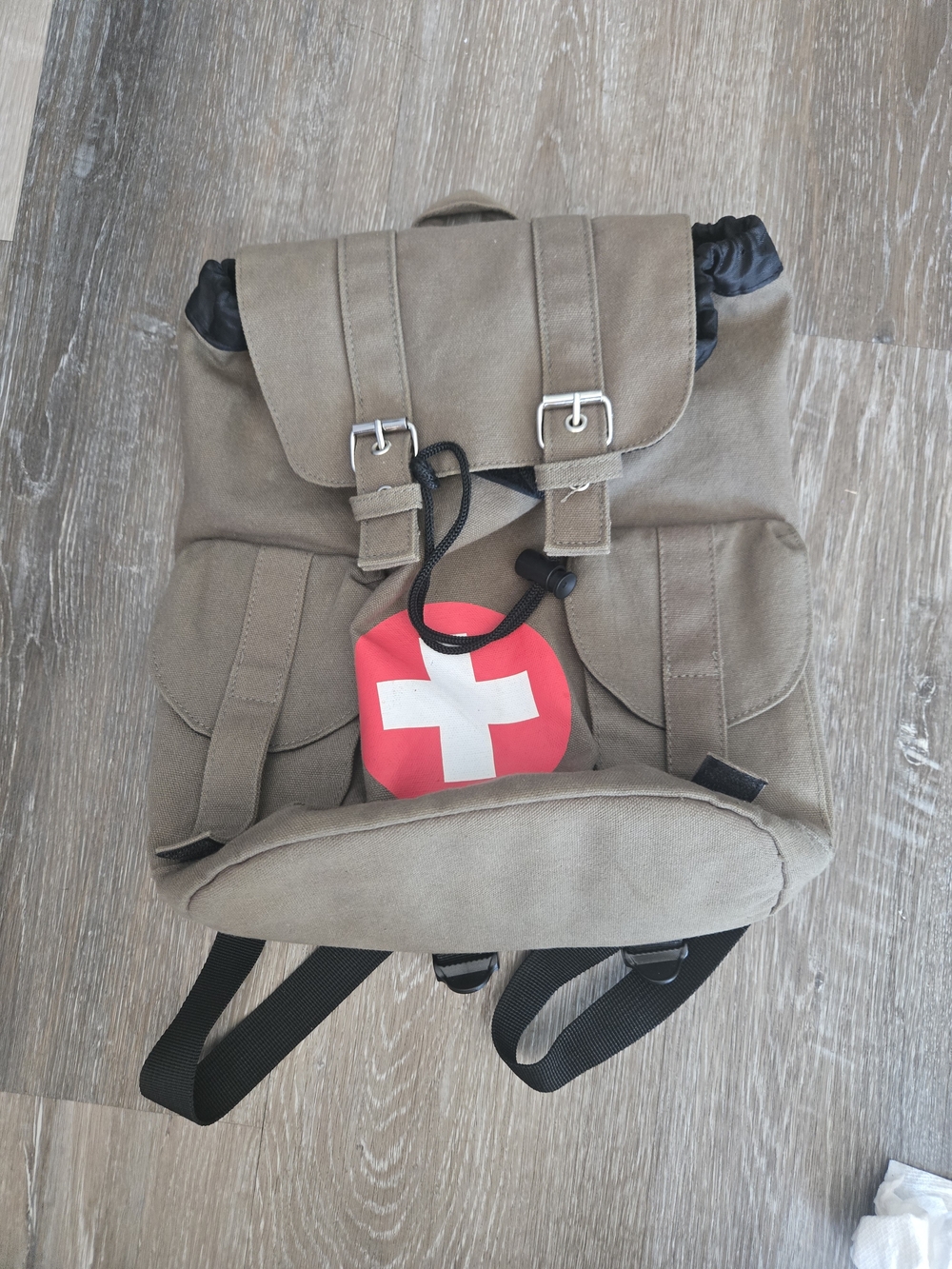 Khaki Canvas Backpack with Swiss Cross Accent